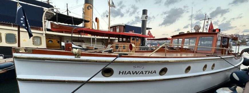 Hiawatha, a historic wooden boat docked in Istanbul.