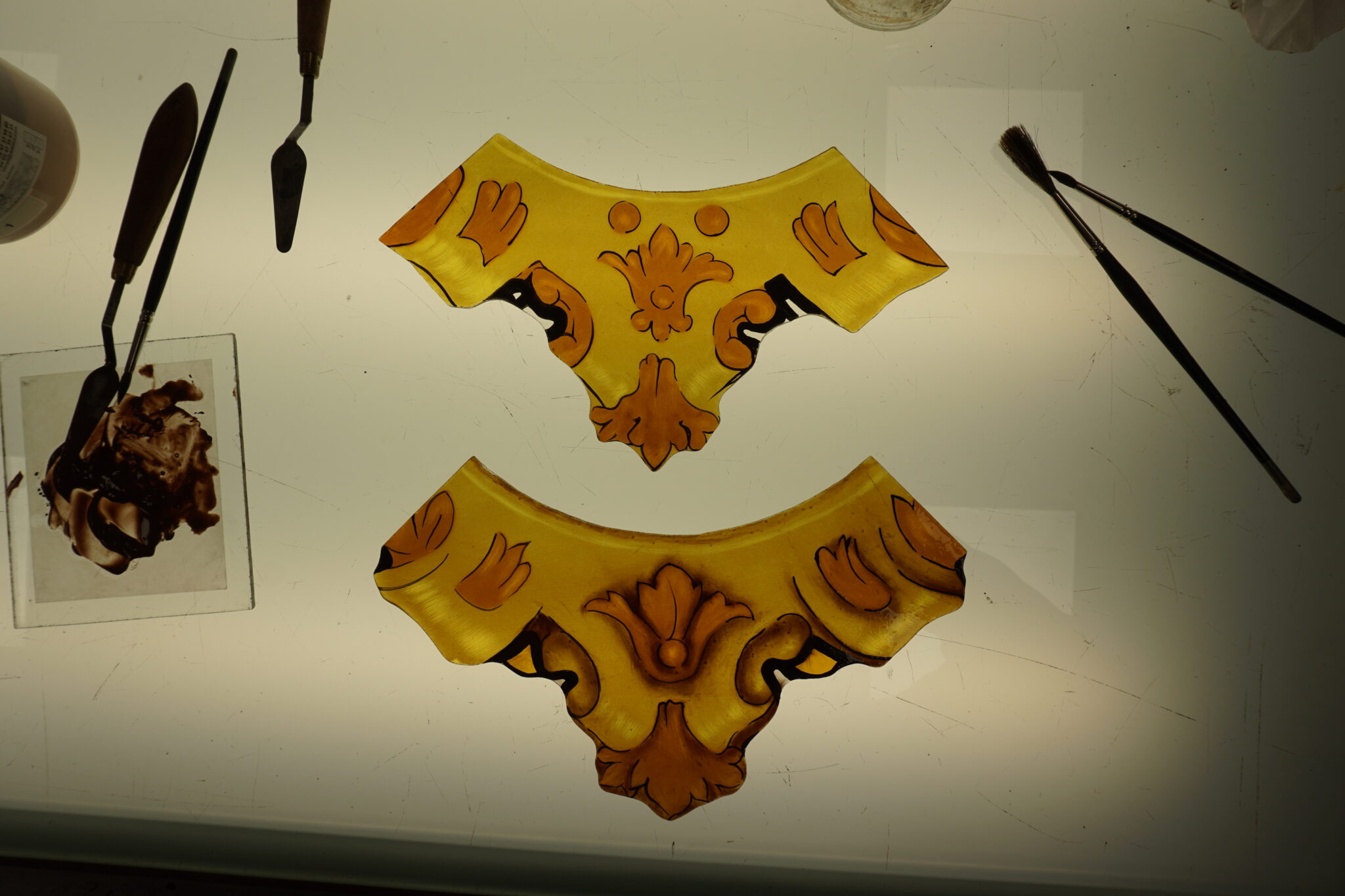 Detail of stained glass components for reproduction of historic stained glass window at the consulate. U.S. Consulate Barcelona