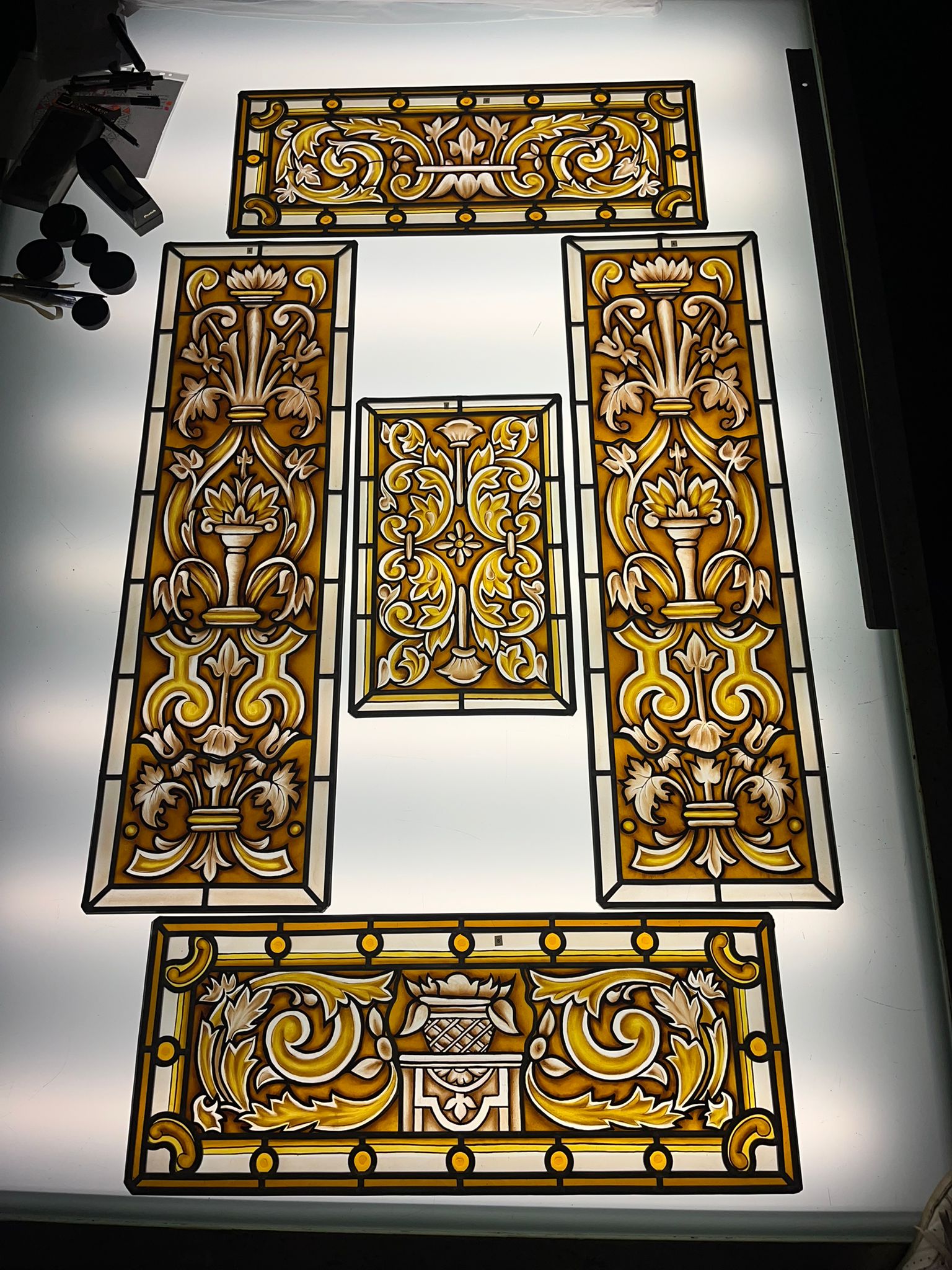 Final elements of the replica-stained glass window for the Consulate. This reproduction was created by a renown stained glass artisan in Spain. U.S. Consulate Barcelona